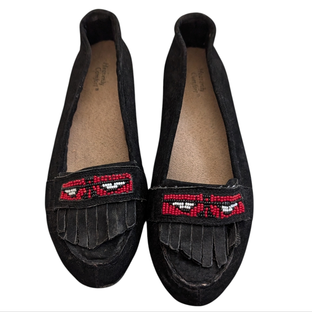 Vintage Black leather Moccasins‎  Red Native American Bead Design Women's 7 Boho